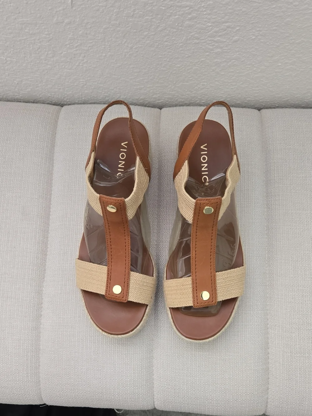 Vionic Brown & Beige T-Strap Slingback Wedge Sandals